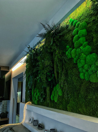 Zielone dekoracje z mchu i roślin stabilizowanych.