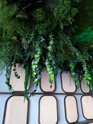 Zielone dekoracje z mchu i roślin stabilizowanych.