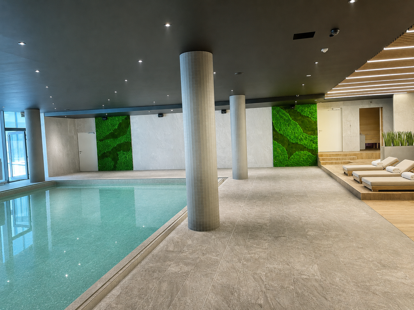 Zielone ściany w Hotelu Hilton 1 Dekoracje wykonane w strefie basenowej hotelu Hilton w Krakowie