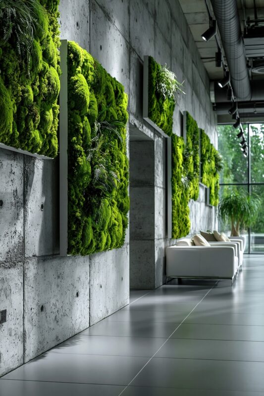 Nowoczesne zielone obrazy z mchu i roślin stabilizowanych we wnętrzu biurowym. Naturalne dekoracje ścienne premium wykonane z mchu poduszkowego i roślin stabilizowanych w stylu biophilic design.