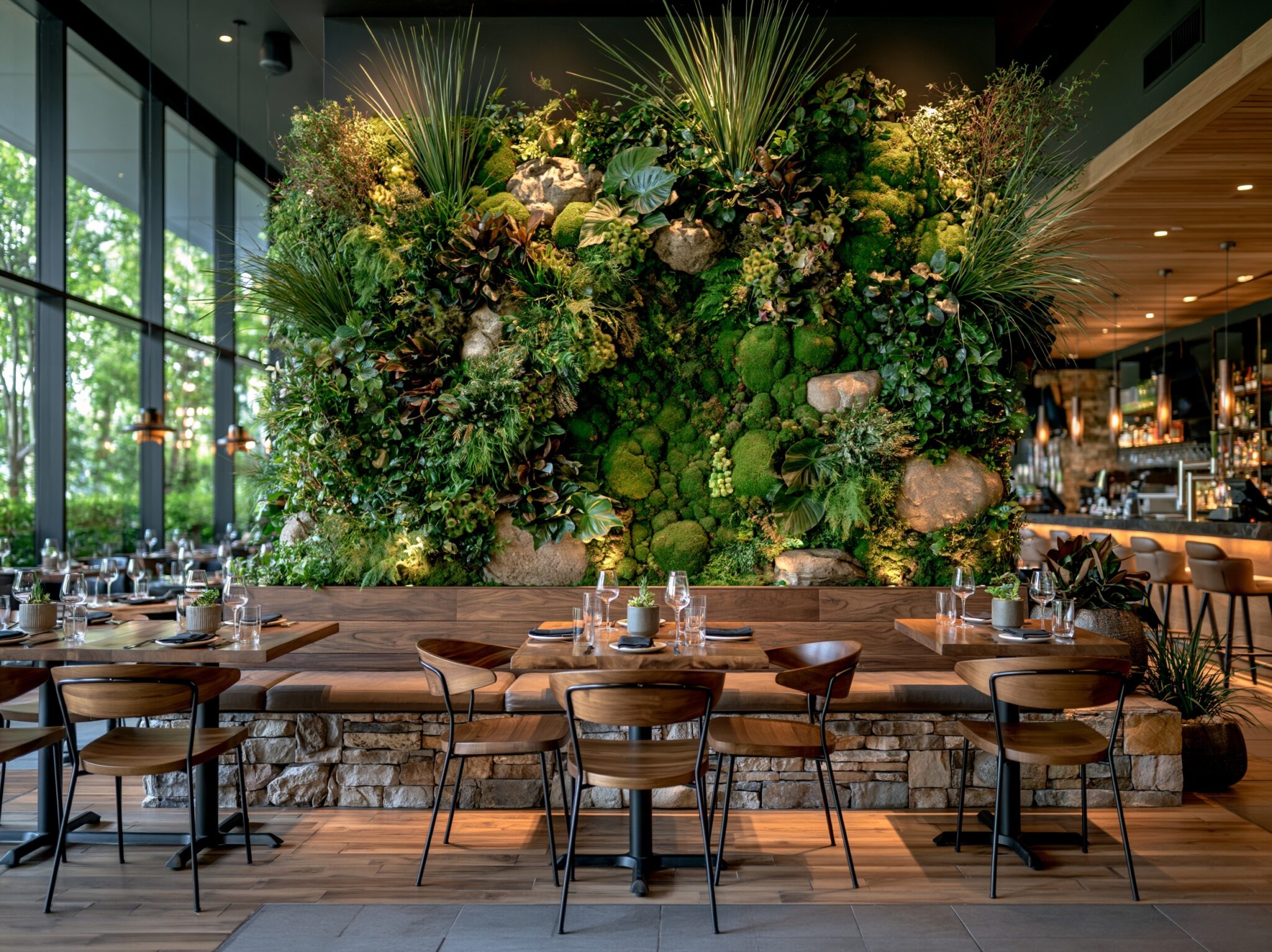 Przestrzenna instalacja botaniczna w restauracji hotelowej