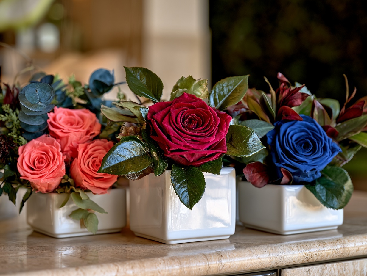 Mini FlowerBox z różami stabilizowanymi w białych ceramicznych naczyniach