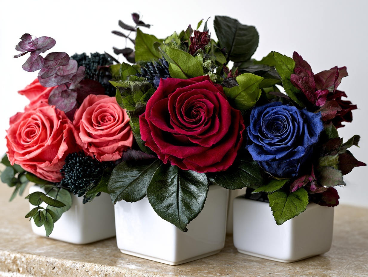 Flower boxy dla firm 1 Różne warianty kolorystyczne flower boxów z różami stabilizowanymi