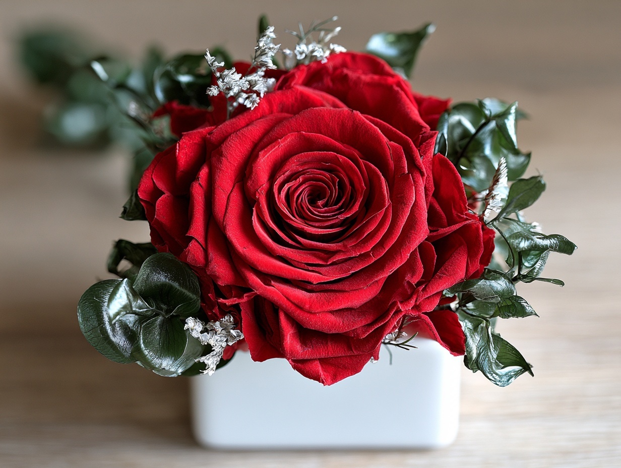 Flower boxy dla firm 2 Detal czerwonej róży stabilizowanej z naturalną zielenią w porcelanowym naczyniu