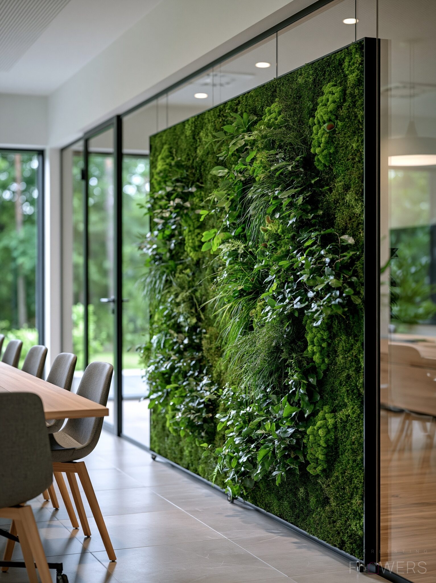 Zielona ściana Forest z mchu i roślin stabilizowanych w eleganckiej sali spotkań