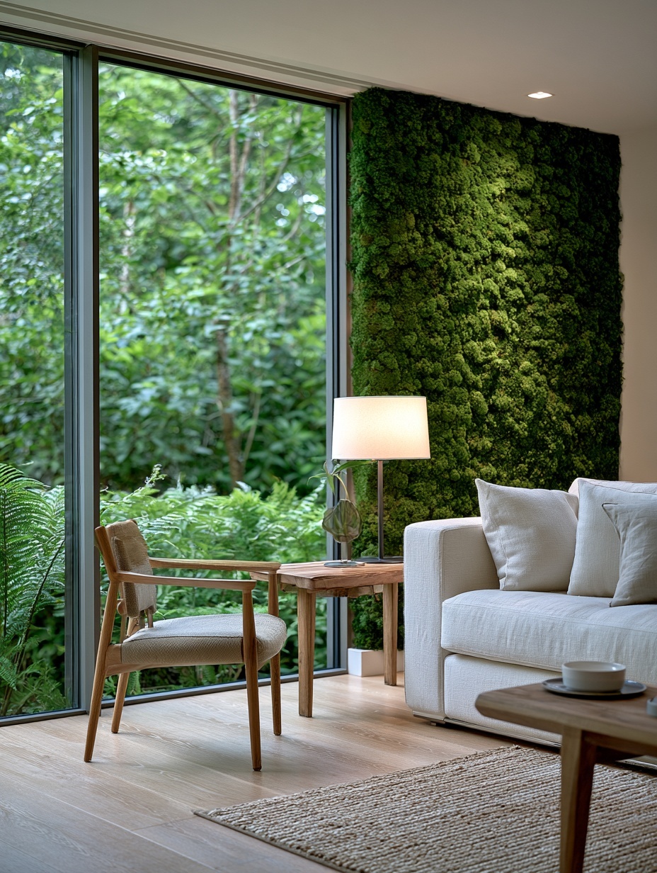 A green wall made of natural stabilized moss in a bright hotel interior.