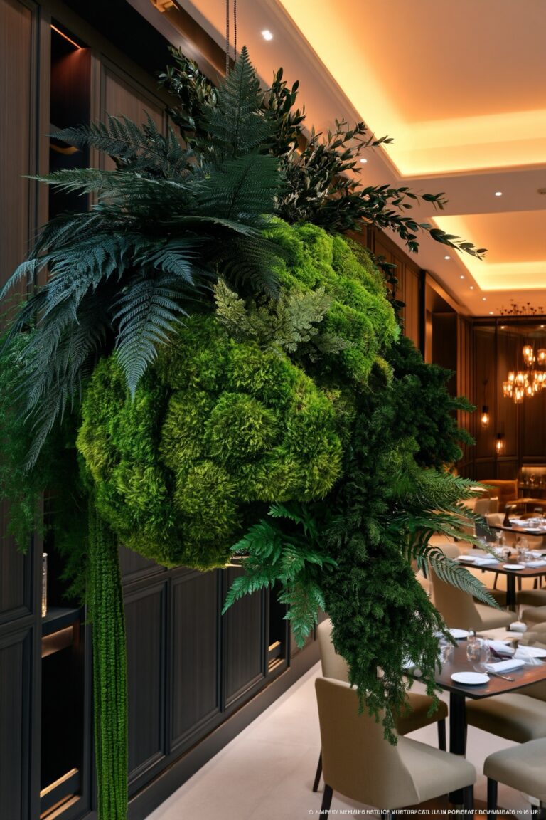 Wisząca kula z mchu, paproci i zwisających roślin we wnętrzu restauracji