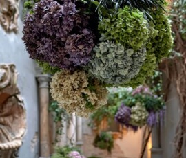 Bespoke hanging installation created from natural preserved moss, plants and hydrangeas by Everlasting Flowers. Hanging installation made of preserved moss, plants and hydrangeas